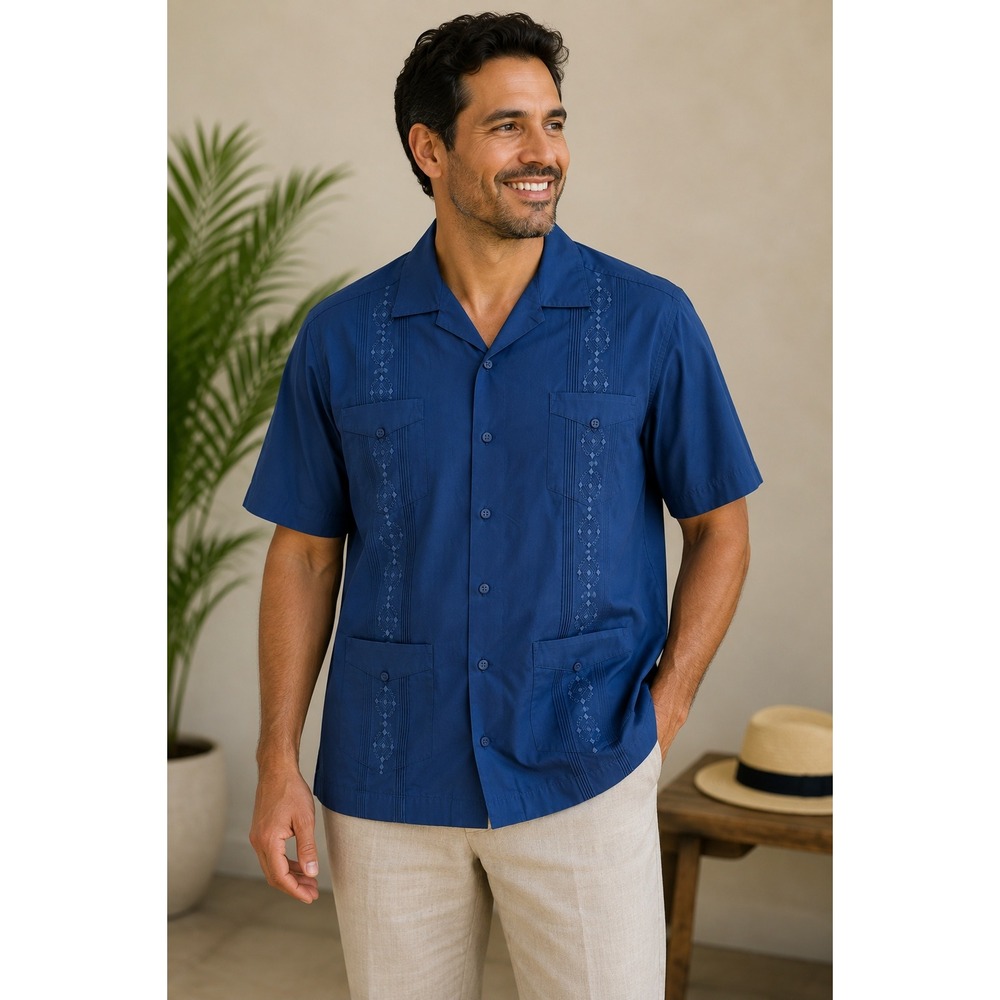 Cubavera Blue Guayabera Shirt Mens XXL Short Sleeve‎ Embroidered 4 Pocket Cotton